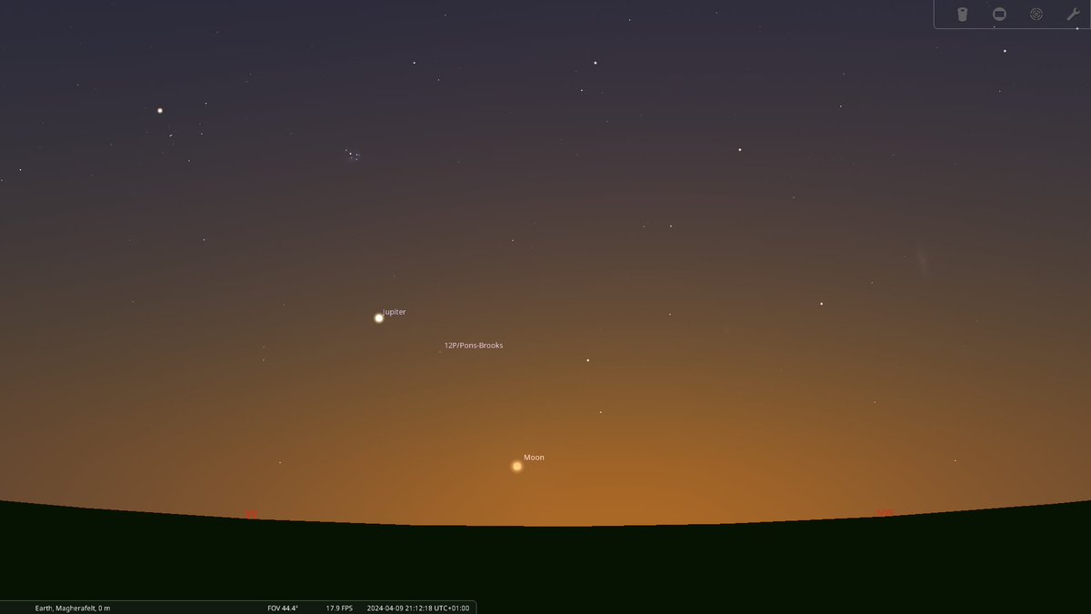 Photo opp this evening. Very slender crescent moon after sunset. Comet 12P, Jupiter, Uranus, Pleiades & Hyades & possibly zodiacal light glow. But a very good W/NW horizon needed for the first two. Worth a try if clear skies pan out tonight. #comets #planets