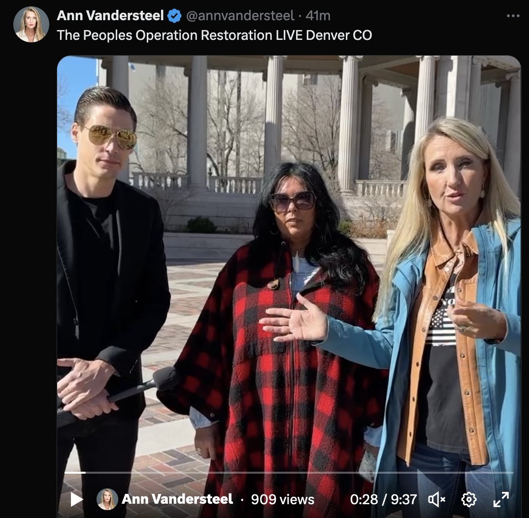 QAnon promoter @annvandersteel, known to #copolitics for getting @laurenboebert to say she 'hoped Q was real,' is outside #coleg today w/ felon extortionist Austin 'Baby Q' Steinbart and an Arap County lady who is mad at the govt bc her husband is in an alimony fight w/ his ex.