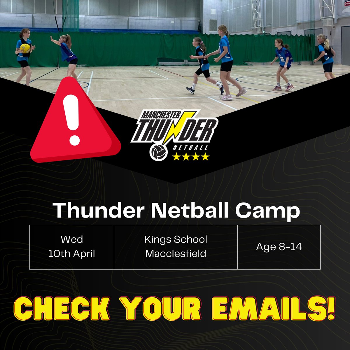 🚨 CHECK YOUR EMAILS 🚨

To all players booked on to our Thunder Camp at Kings School Macclesfield tomorrow (10th April), please check your emails ASAP ⚡️
