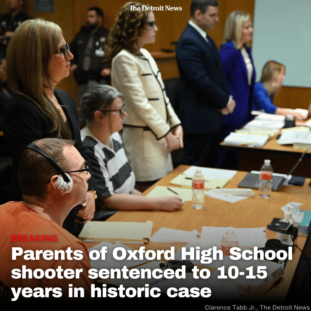 Breaking: The parents of the #Oxford High School shooter were sentenced to 10-15 years in a historic case that marked the first time a parent of a mass school shooter was charged and convicted of manslaughter in connection to their child's crime. detne.ws/3PUI2Pi