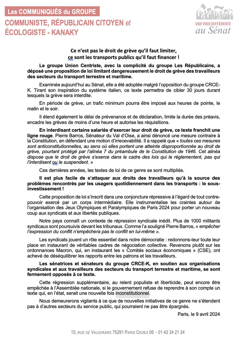 #DirectSenat La proposition de loi de la droite sénatoriale sur la remise en cause du droit de grève dans les transports a été votée. Les @senateursCRCE appellent le gvt à ne pas transmettre ce texte inconstitutionnel à l'@AssembleeNat. Le CP↩️