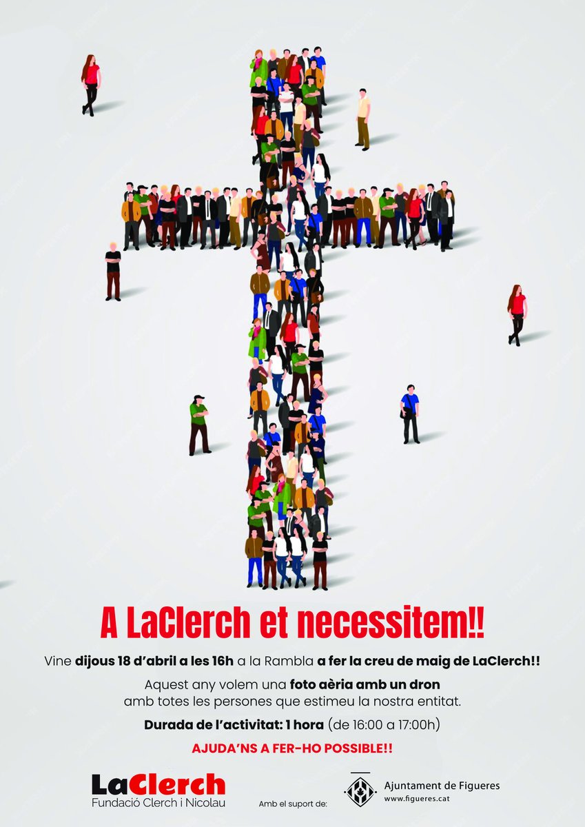 Ens ajudeu? Us necessitem a tots per fer-la possible!!
Crida a participar a la creu de maig de LaClerch, dijous 18 d'abril a les 16h a la Rambla de #Figueres!