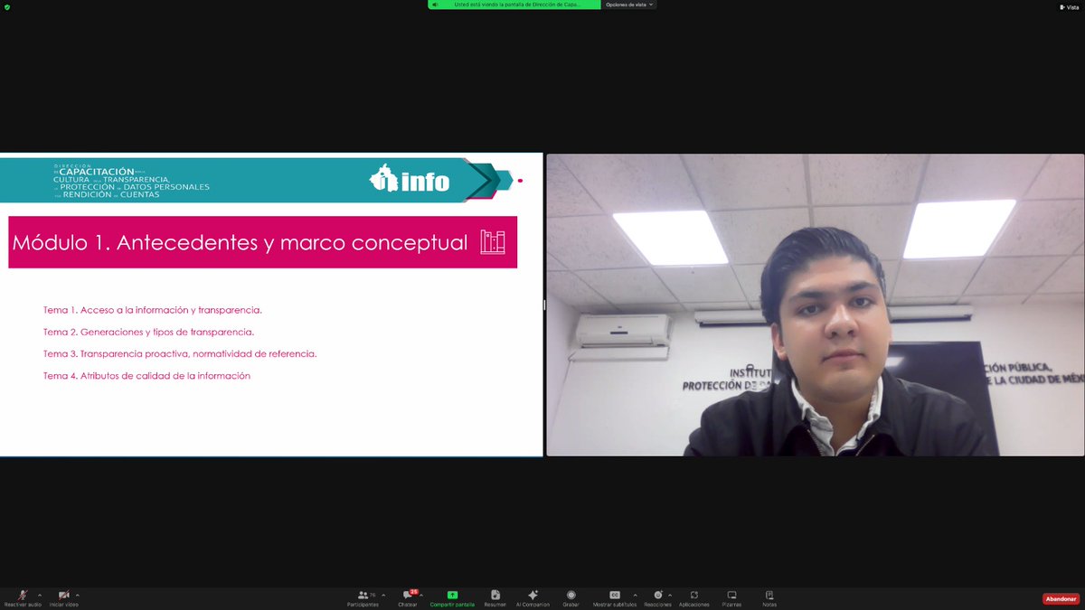 InfoCdMex's tweet photo. Inicia el Curso “Transparencia proactiva”, en el que personal de #CapacitaciónINFO explica que este concepto implica difundir información útil adicional a la prevista por la ley; esta actividad está dirigida a las y los servidores públicos de #CDMX y público en general. https://t.co/b9EWdzdlcb