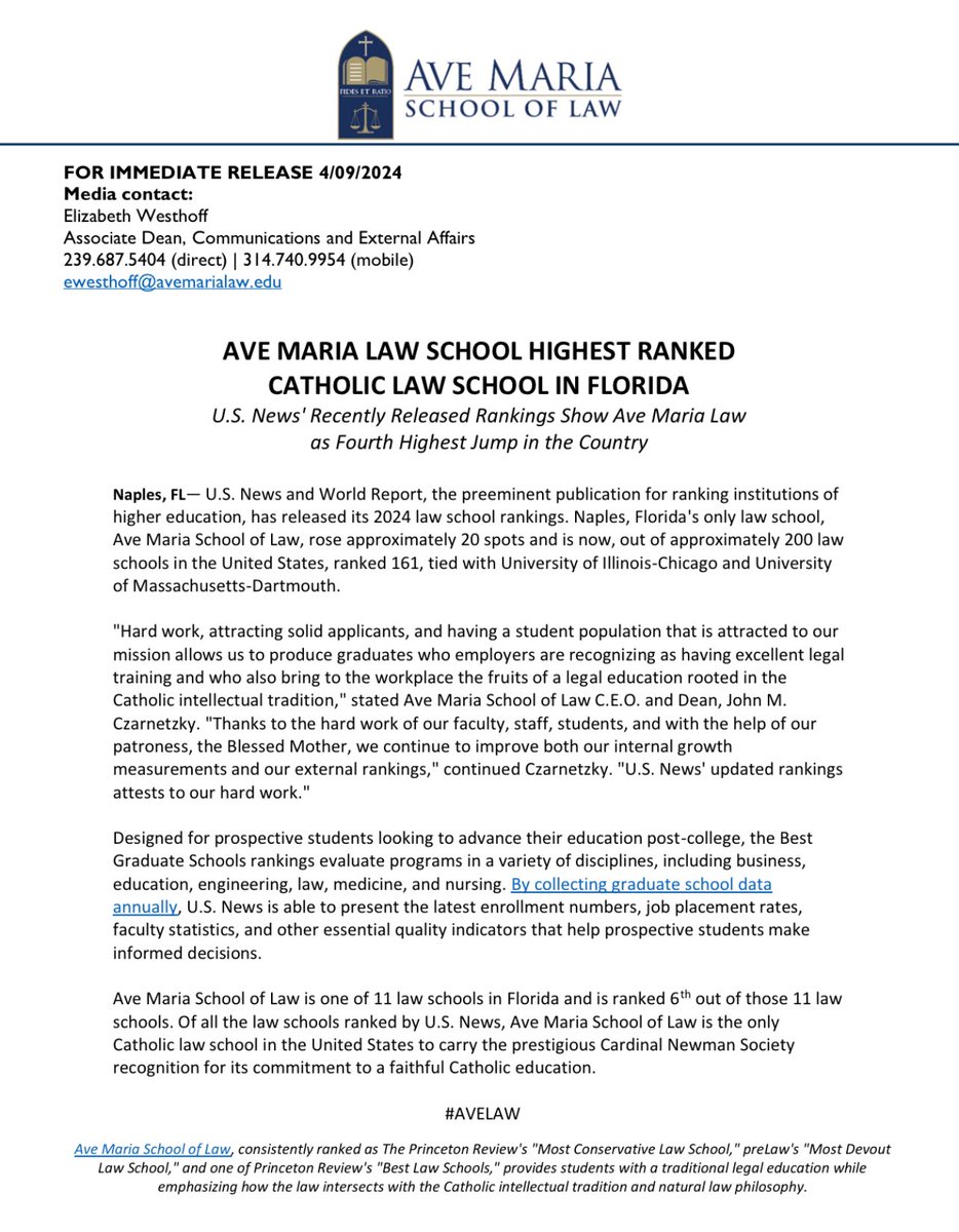 US News and World Report has released their 2024 law school rankings. Please see the attached media release regarding Ave Maria School of Law's UPDATED RANKING. #LawSchool #USNews #Catholic