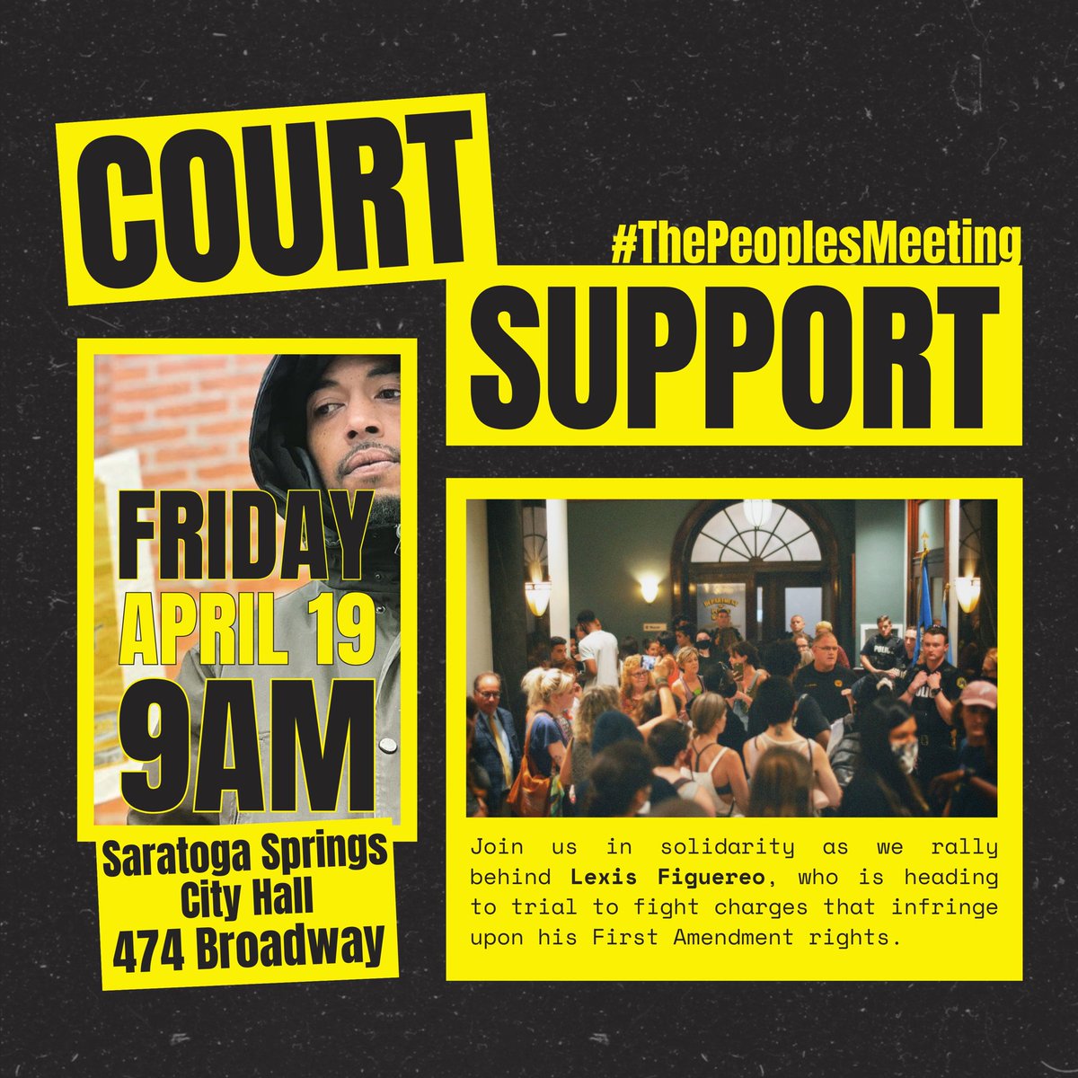 SAVE THE DATE: Show up next Friday for Lexis Figuereo in his fight against retaliatory charges that violate his First Amendment right to free speech. 

WHERE: Saratoga Springs City Hall, 2nd Floor
WHEN: 9 AM
