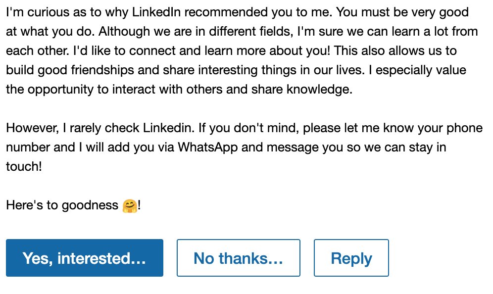 Is this the new #phishing scam? I've gotten multiple messages like this over the past few days on LinkedIn.