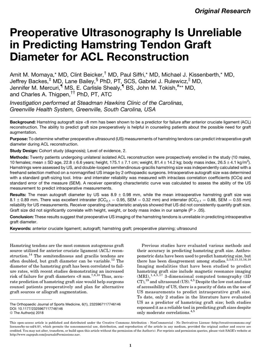 Take a look at another one of our publications on using hamstring autografts for ACL reconstruction. Even using ultrasound preop does a poor job of predicting hamstring size. I have moved completely to utilizing quad or patellar tendon autografts for my ACLs. <a href="/uabmedicine/">UAB Medicine</a>