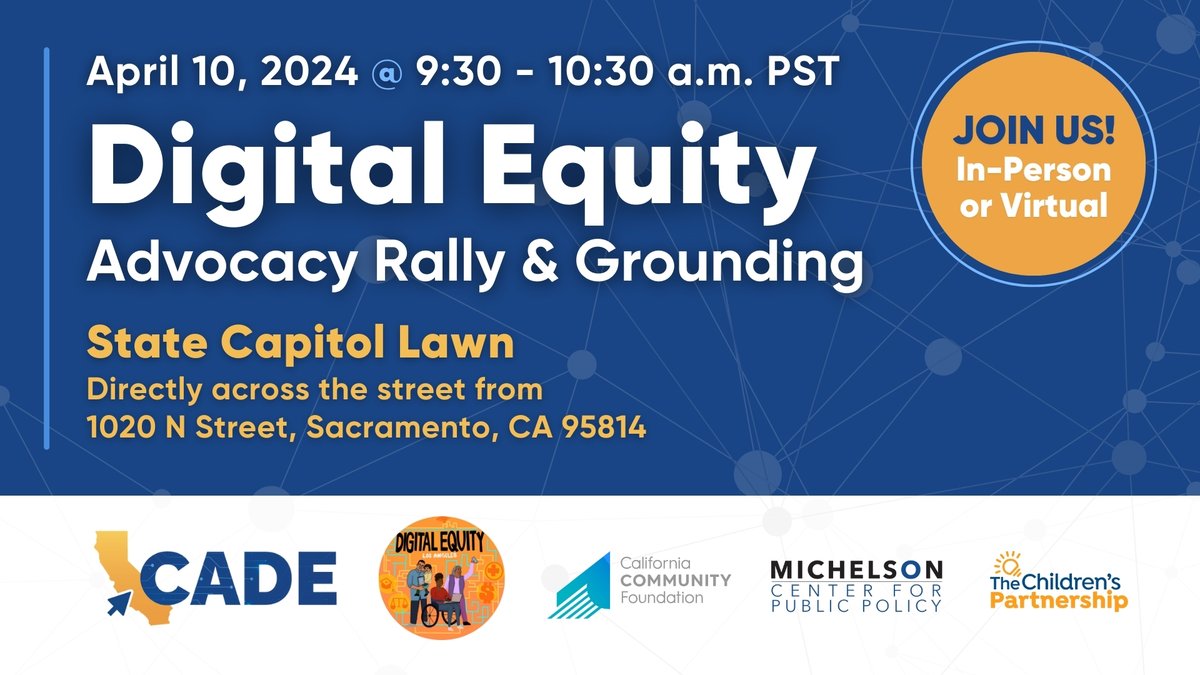 The time for digital equity is NOW! ✊🛜‼️ We are thrilled to join 40+ organizations TOMORROW, April 10th for Digital Equity Advocacy Day in Sacramento! #DigitalEquityNOW #AdvocacyDayCADE ☑️ Join us in-person on April 10th, or watch LIVE at: fb.me/e/6AiXofQM2