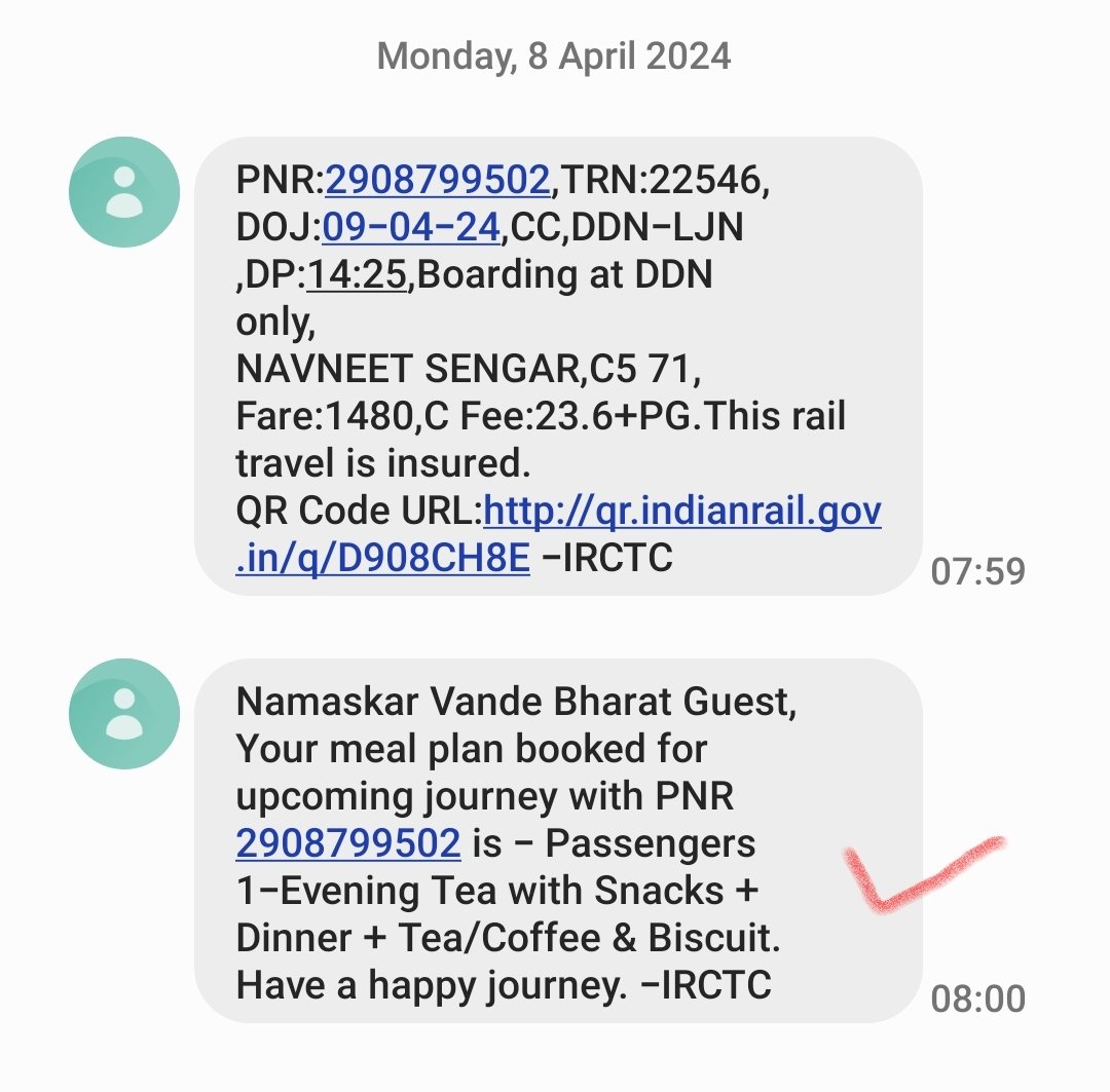 NavneetSengar19's tweet photo. @IRCTCofficial My PNR No. 2908799502 Irctc booked my 1 dinner and 2 refreshment  between  Dehradun and lucknow But catering person provide only one. This is not a good way of working..I think Irctc employees are not well trained and professional. https://t.co/PkcmSAWR1Y