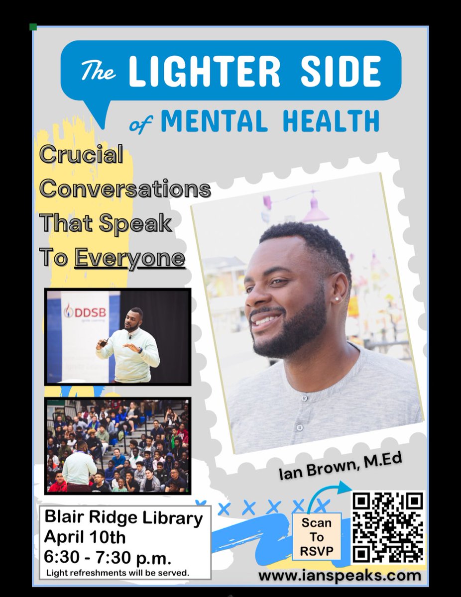 Not too late to register for our April 10th presentation by Ian Brown on “The Lighter Side of Mental Health”! See you all tomorrow night Blair Ridge students and families! 
forms.gle/zFB9QNbxfGrqCS… <a href="/DDSBSchools/">Durham District School Board (DDSB)</a> <a href="/PositiveDDSB/">Positive School Climates DDSB</a>