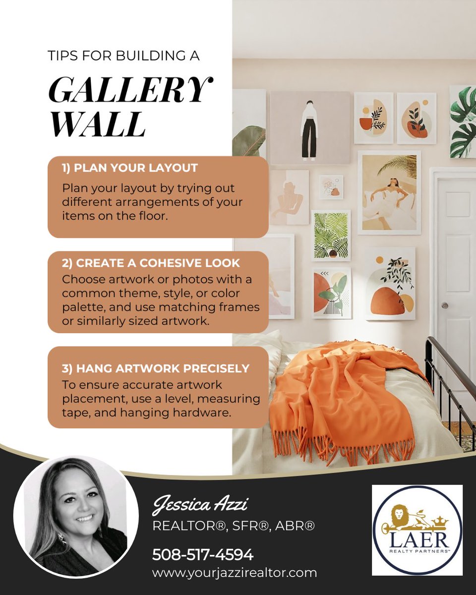 Whether you're a seasoned curator or just dipping your toes into the world of wall decor, these expert tips will help you craft a gallery wall that reflects your style and passions.

#yourjazzirealtor #rirealtor #marealtor #franklinrealtor #franklinma #massachusettsrealestate