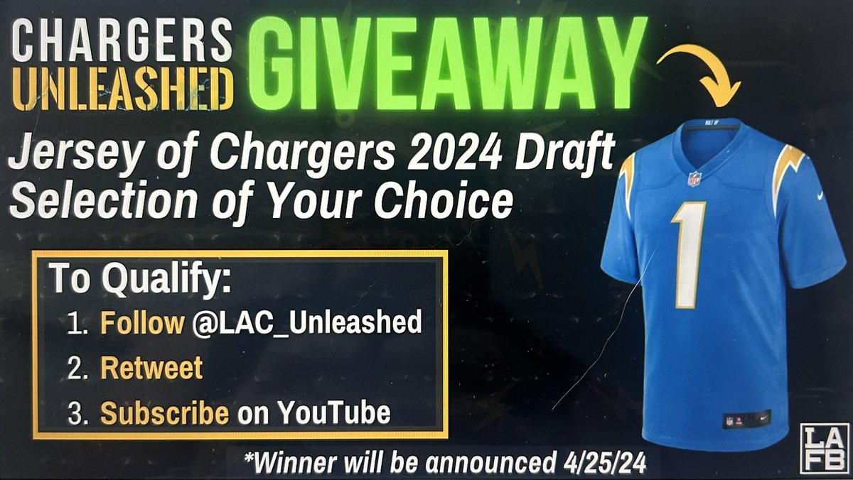 🚨#NFLDraft GIVEAWAY 🚨 Win a jersey of #Chargers 2024 Draft Selection of your choice! TO QUALIFY: 1) RT & Follow @LAC_Unleashed 2) Subscribe on YouTube 3) Reply with a sub screenshot + who YOU want the Chargers to select *Winner will be announced on April 25th