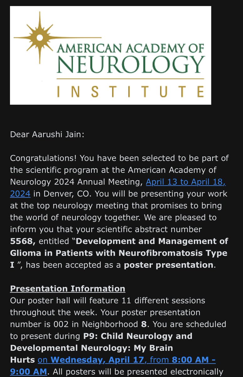 Excited to attend my first #AANAM in Denver next week and to present my poster featuring glioma development and management in NF1 patients. Can’t wait to meet everyone!  @AANmember