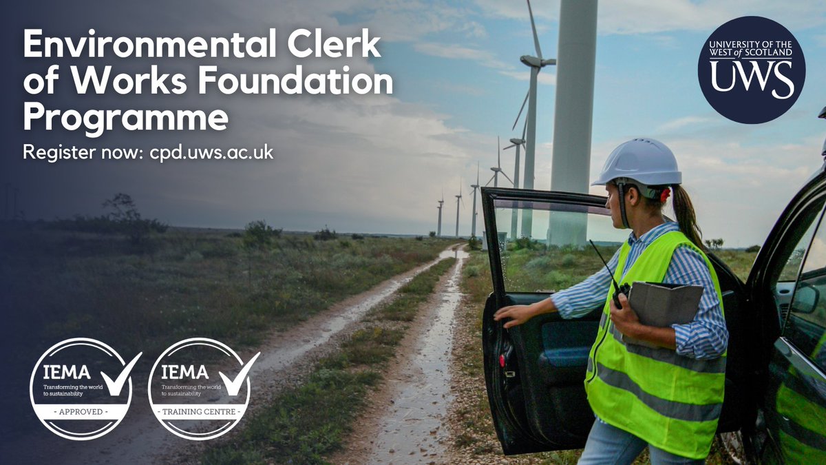 Our @iemanet accredited Environmental Clerk of Works Foundation Course will run again in May 2024. Part-funded places are available. Find out more and apply 👇🏽: cpd.uws.ac.uk/w/courses/1-en…… *funding is subject to meeting eligibility criteria #EnvCoW #ECoW #Ecology