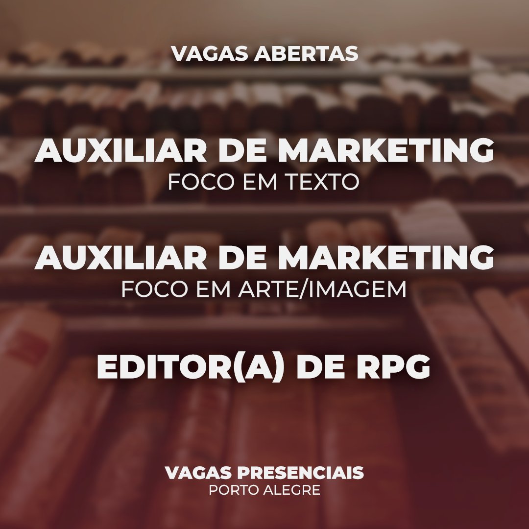 TEM VAGAS NA JAMBÔ 🚀📱
➡️ bit.ly/TrabalheNaJambo

📌 Editor de RPG: pessoa para a equipe de edição de RPGs nacionais, reportando-se ao editor sênior e atuando ativamente no processo editorial do início ao fim.

📌 Auxiliar de Marketing (Arte): terá como principal atribuição