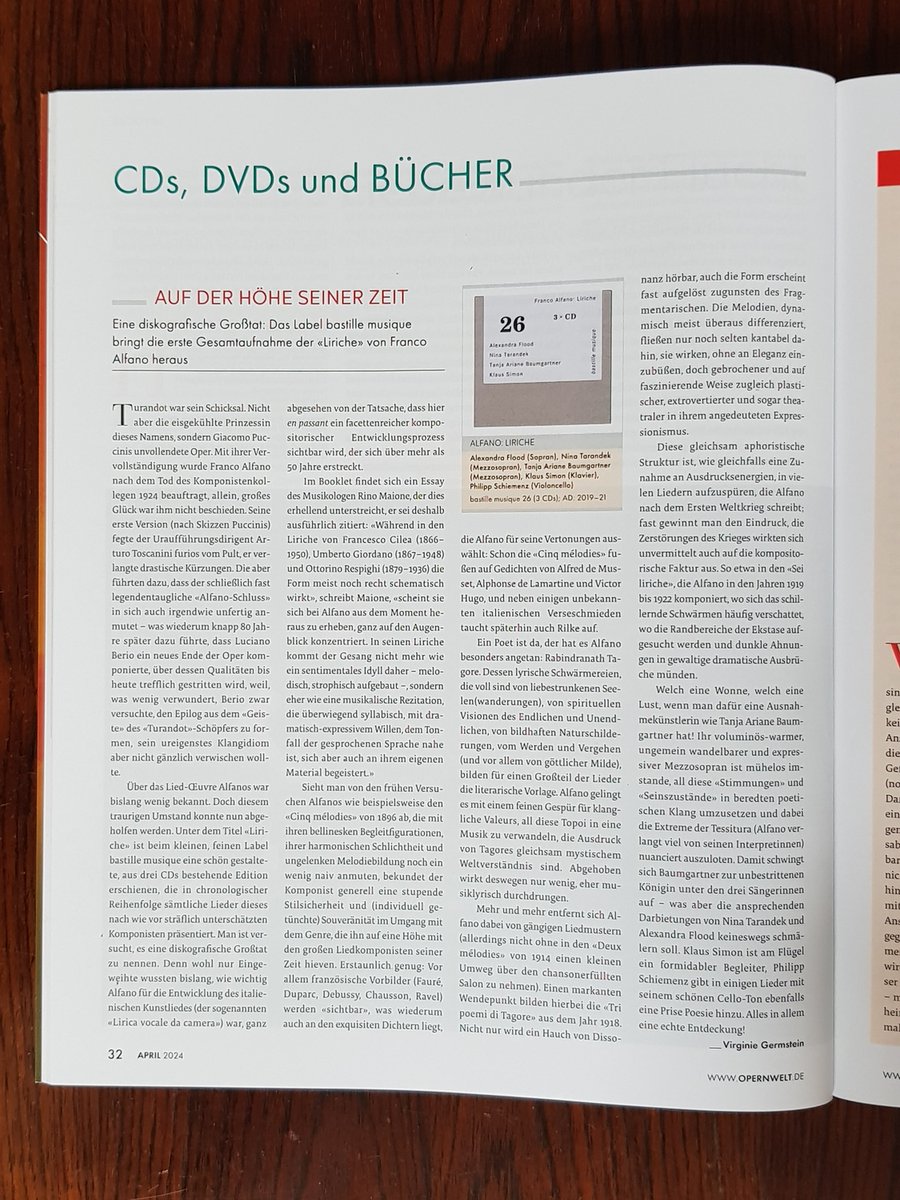 bastillemusique's tweet photo. Die neue #Opernwelt: "Eine diskografische Großtat: Das Label bastille musique bringt die erste Gesamtaufnahme der «Liriche» von Franco Alfano heraus. [...] Welch eine Wonne, welch eine Lust, wenn man dafür eine Ausnahmekünstlerin wie Tanja Ariane Baumgartner hat!" @Arianetanja https://t.co/9qebp4dYSB