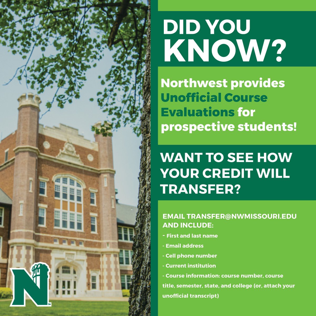 Hey, Transfer students! ✨Want to see how your credits will transfer? ✨ Email us your information, and we will provide your unofficial course evaluation. Transferring is easy at Northwest!