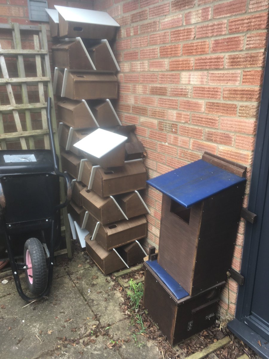 SOSSwifts are nicely stocked up with Swift nest boxes; Little and Tawny Owl boxes in the pic  too. 3 Swift boxes were delivered to Pakenham today, bonus was seeing a Red Kite pluck nesting material up off the ground and fly off.  ⁦<a href="/suffolkwildlife/">SuffolkWildlifeTrust</a>⁩ ⁦<a href="/SuffolkBirdGrp/">Suffolk Bird Group</a>⁩
