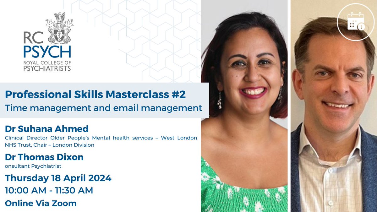 rcpsychLDN (@rcpsychldn) on Twitter photo Don't forget to join Dr Suhana Ahmed & Dr Tom Dixon on Thursday 18 April for our second Professional Skills Masterclass of the series, focusing on time & email management.
Book now!β‘οΈbit.ly/4asiVv1
Book all 3 sessions for a discountβ‘οΈbit.ly/3RSy414
<a href="/SuhanaAh/">Suhana Ahmed</a> Don't forget to join Dr Suhana Ahmed & Dr Tom Dixon on Thursday 18 April for our second Professional Skills Masterclass of the series, focusing on time & email management.
Book now!β‘οΈbit.ly/4asiVv1
Book all 3 sessions for a discountβ‘οΈbit.ly/3RSy414
<a href="/SuhanaAh/">Suhana Ahmed</a>