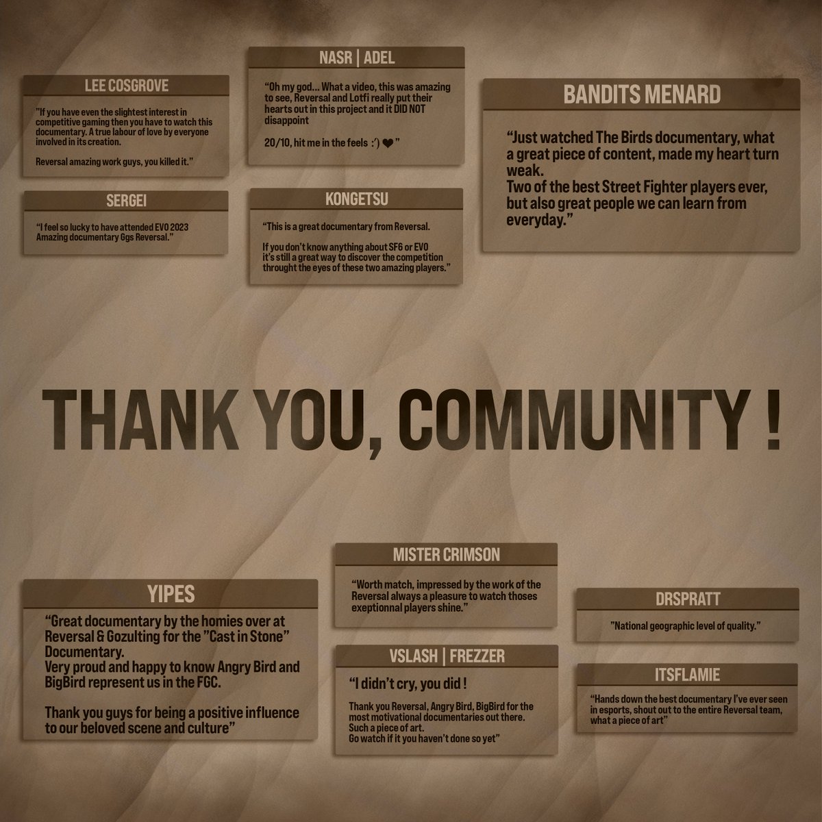 Your feedback is just wonderful.

On behalf of everyone involved in the documentary, thank you from the bottom of my heart! 

It's a wonderful way of repaying us for all the (long) hard work we've put in.

Thank you, community. Thank you, thank you.