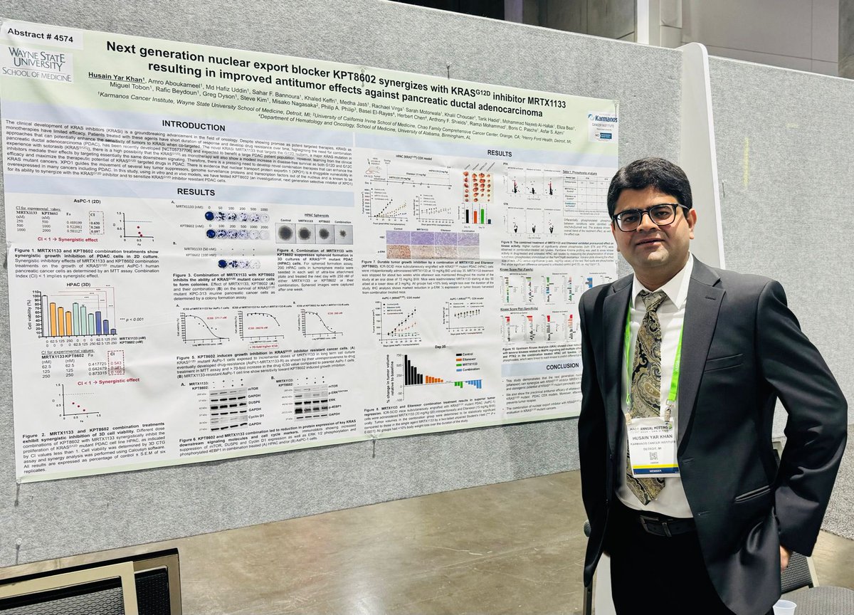 ASFAR AZMI (@asfarsazmi) on Twitter photo #AACR2024 Dr. Husain Khan <a href="/husainyar/">Husain Yar Khan</a> from Azmi lab presenting a poster on novel combination overcoming Krasg12D inhibitor MRTX1133 resistance using next gen XPO1 inhibitor eltanexor. Abstract #4574 <a href="/MNagasaka/">Misako Nagasaka</a> <a href="/BasselElRayesMD/">Bassel El-Rayes, MD</a> <a href="/paphilip/">philip a philip</a> <a href="/NajeebAl_Hallak/">Najeeb Al Hallak</a> <a href="/ElizaWBealMD/">Eliza W. Beal</a> #AACR2024 Dr. Husain Khan <a href="/husainyar/">Husain Yar Khan</a> from Azmi lab presenting a poster on novel combination overcoming Krasg12D inhibitor MRTX1133 resistance using next gen XPO1 inhibitor eltanexor. Abstract #4574 <a href="/MNagasaka/">Misako Nagasaka</a> <a href="/BasselElRayesMD/">Bassel El-Rayes, MD</a> <a href="/paphilip/">philip a philip</a> <a href="/NajeebAl_Hallak/">Najeeb Al Hallak</a> <a href="/ElizaWBealMD/">Eliza W. Beal</a>