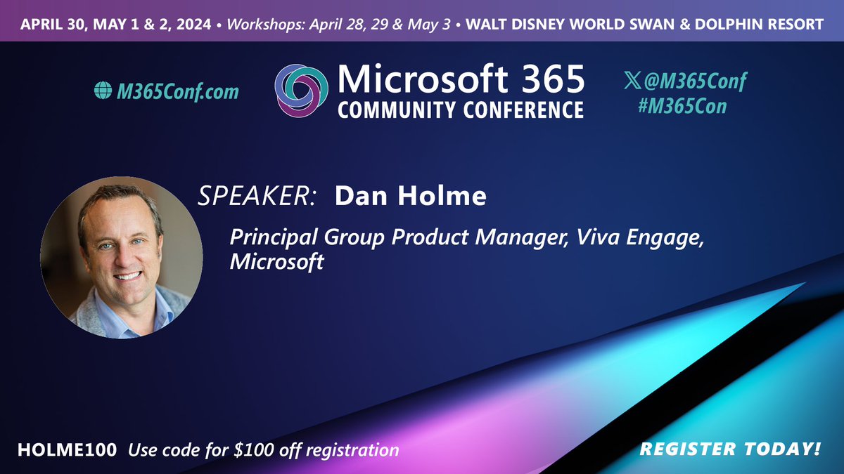 Get ready to learn from Dan Holme (@danholme)! Join us at “Viva Engage and AI Transform Communications: From Eyeballs to Engagement, Channels to Change Agent” #M365Con #VivaEngage #Microsoft365 #MicrosoftAI