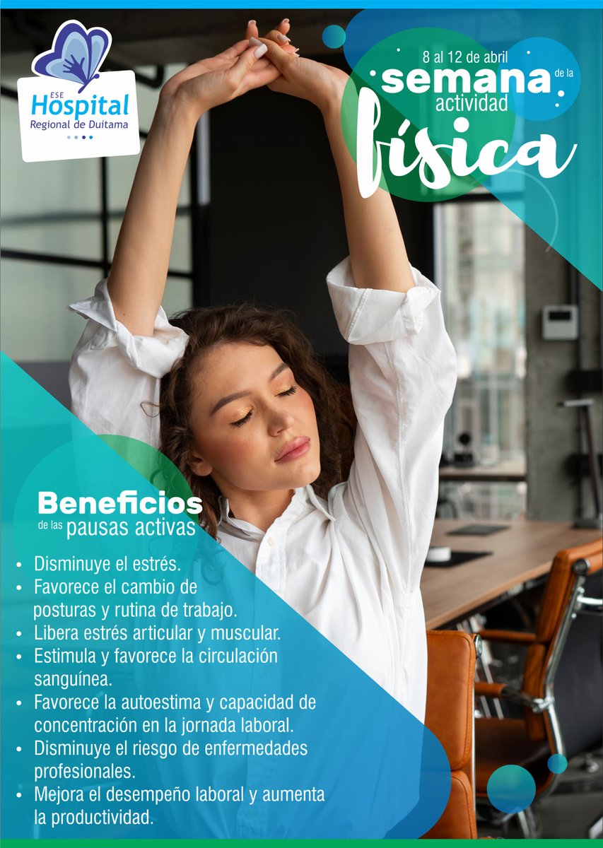 HospitalDuitama's tweet photo. ¿🥱Sueño, estrés o tensión 🤬 durante tu jornada laboral?
Esta semana comprueba que las #pausasactivas mejoran tu desempeño laboral y concentración.
Regálate 10 minutos y reactiva tu día.
#SemanaDeLaActividadFísica https://t.co/TB5LqB8EoX
