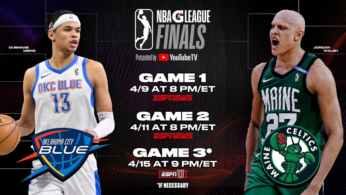 The Maine Celtics and Oklahoma City Blue will meet in the 2024 NBA G League Finals presented by YouTube TV, tipping off tonight at 8 p.m. ET on ESPNews. Complete #NBAGLeagueFinals schedule ⬇️