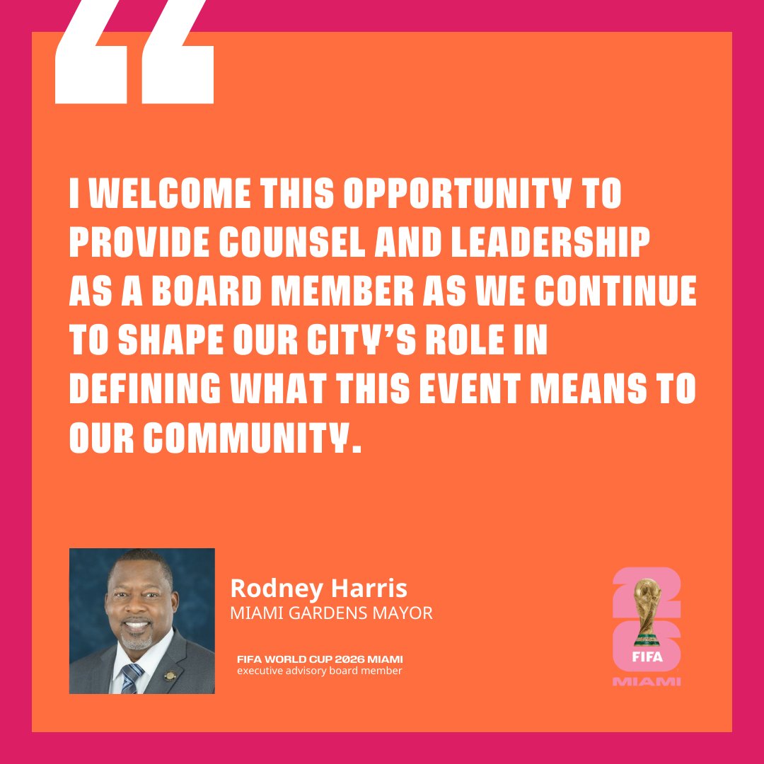 Welcome, @MayorRHarris, to the #FWC26Miami executive advisory board! Thank you for seeing the opportunity that #FIFAWorldCup games at @HardRockStadium are bringing to your community. Thank you for your guidance and leadership on our way to a worldwide showcase! #WeAre26