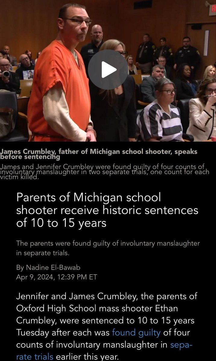 James and Jennifer Crumbley sentenced to 10-15 years because they decided to allow their son Ethan Crumbley to have access to his and their guns that he used to murder four students at his school. I hope they have an absolutely miserable time at in prison