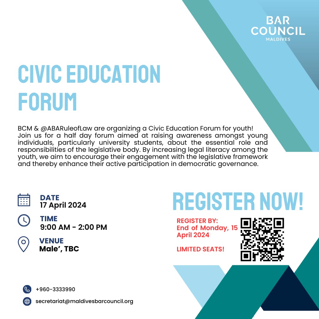 BCM &amp; <a href="/ABARuleofLaw/">ABA Rule of Law</a> are organising a Civic Education Forum for youth! Learn about the impact of voting in shaping democracy &amp; how yours can make a difference!

Register via forms.office.com/r/zf2GrXZV8M before the end of 15 April!