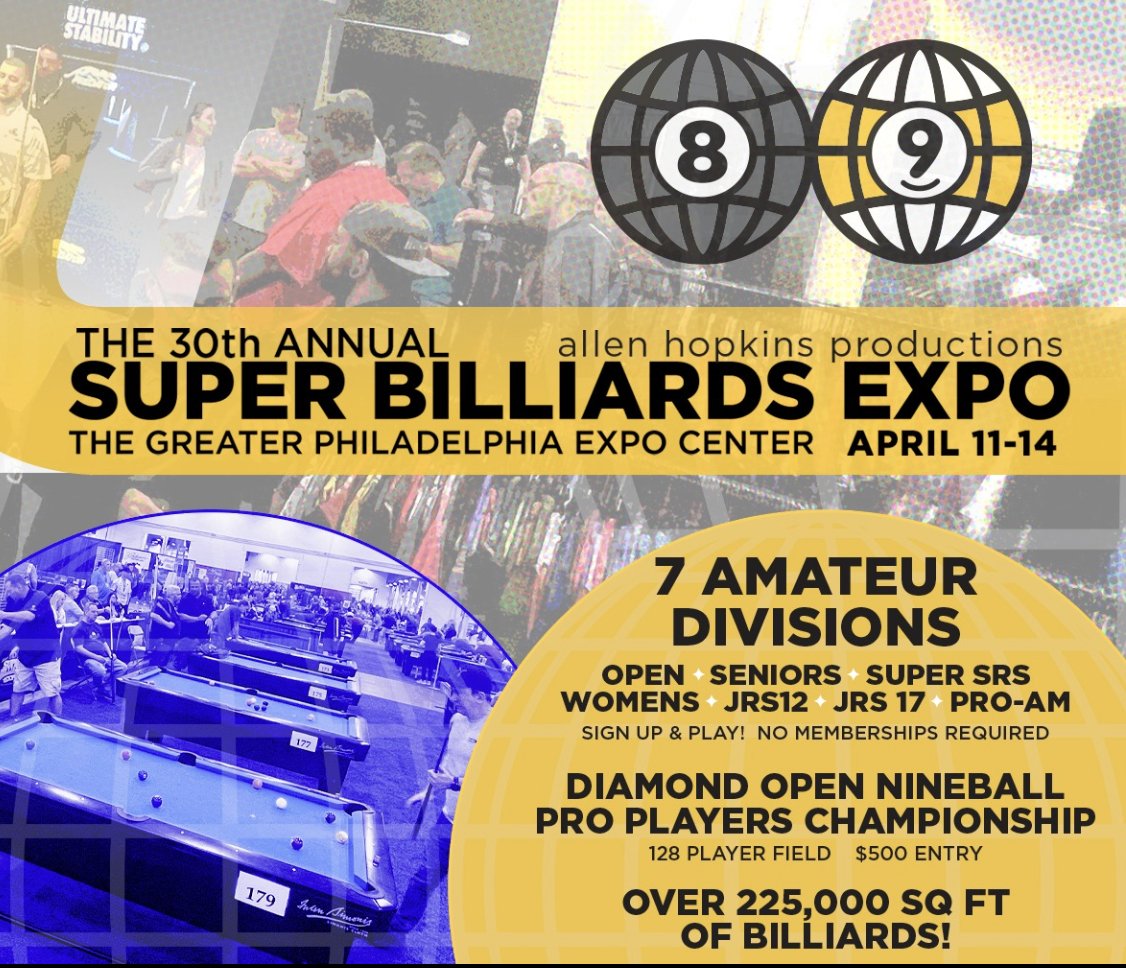 This weekend is… Super Billiards Expo ! @SuperBilliardsX April 11-14 | Halls A,B,C,D,E (Entrance 📍Hall A) superbilliardsexpo.com — Follow more events at Expo and the Fairgrounds: 📆 phillyexpocenter.com/calendar 📥 phillyexpocenter.com/newsletter #makeitmontco #billiardsexpo #pool…