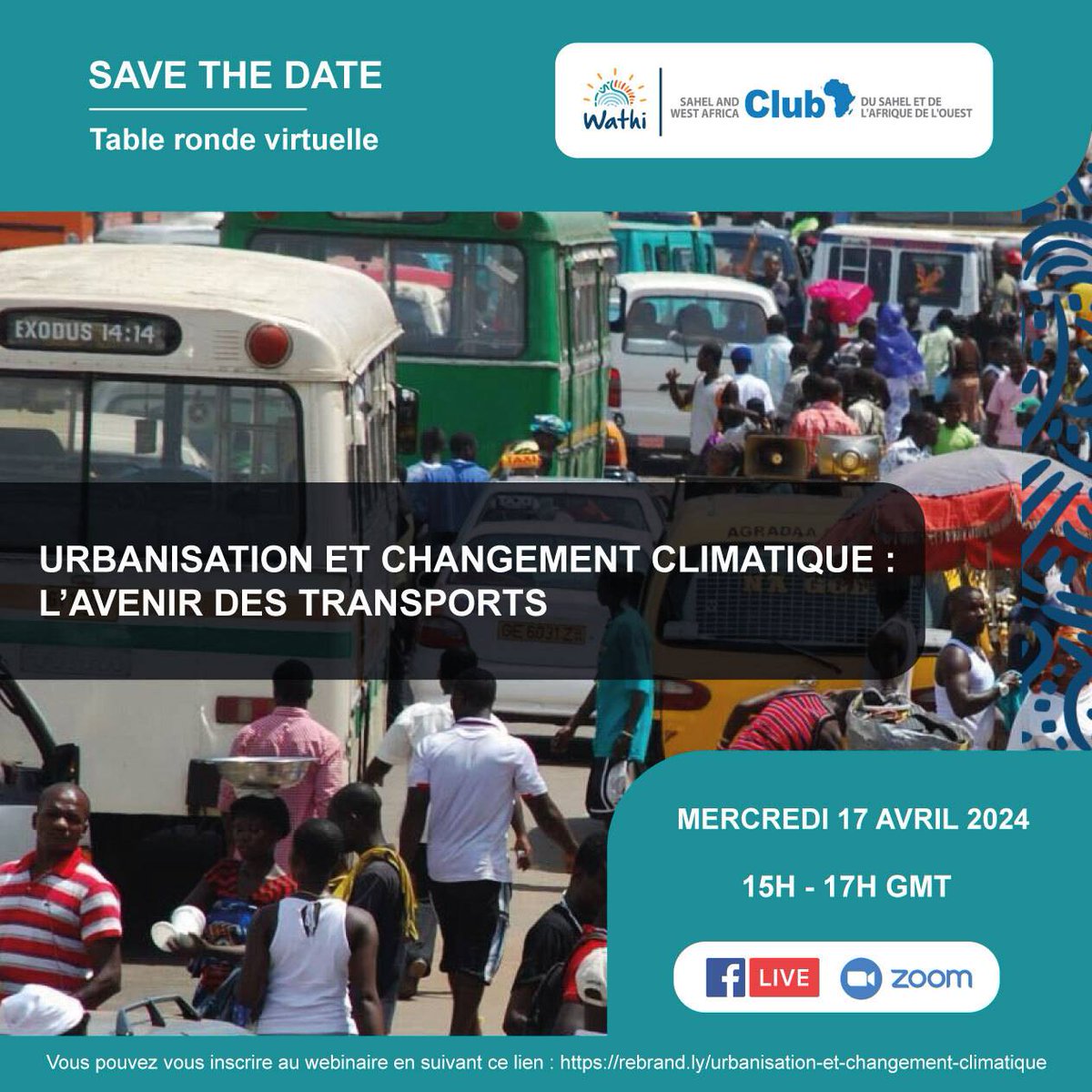 Le mercredi 17 avril 2024 , WATHI, en partenariat avec le Club du Sahel et de l'Afrique de l'Ouest (CSAO), organise une table ronde virtuelle sur le thème 'Urbanisation et changement climatique: l'avenir des transports'. Inscription: rebrand.ly/urbanisation-e…