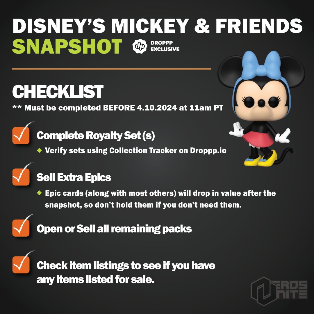 #FunkoNFT REMINDER!
☑️ Disney's Mickey and Friends Snapshot is tomorrow at 11am PT. Make sure you get everything in order ASAP!!

#NerdsUnite : Spread the Word
