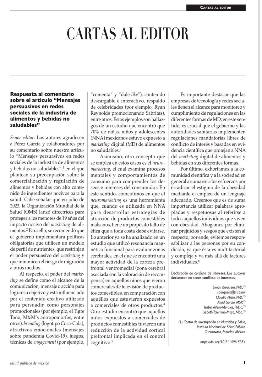 Tienen que leer esta carta al editor publicada recientemente en Salud Pública de México #SPM. El Dr. @SBarquera y equipo describimos los efectos del Digital Food Marketing en la actividad cerebral de los niños. Urge protegerlos 🍕🧠