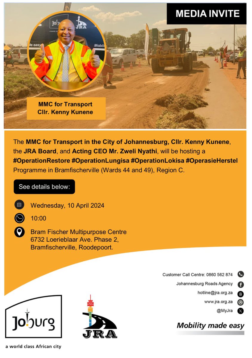[INVITE] MMC @Kenny_T_Kunene cordially invites you to the #OperationRestore #OperationLungisa #OperationLokisa #OperasieHerstel programme in Bramfischerville, wards 44 and 49 - Region C #KKatWork