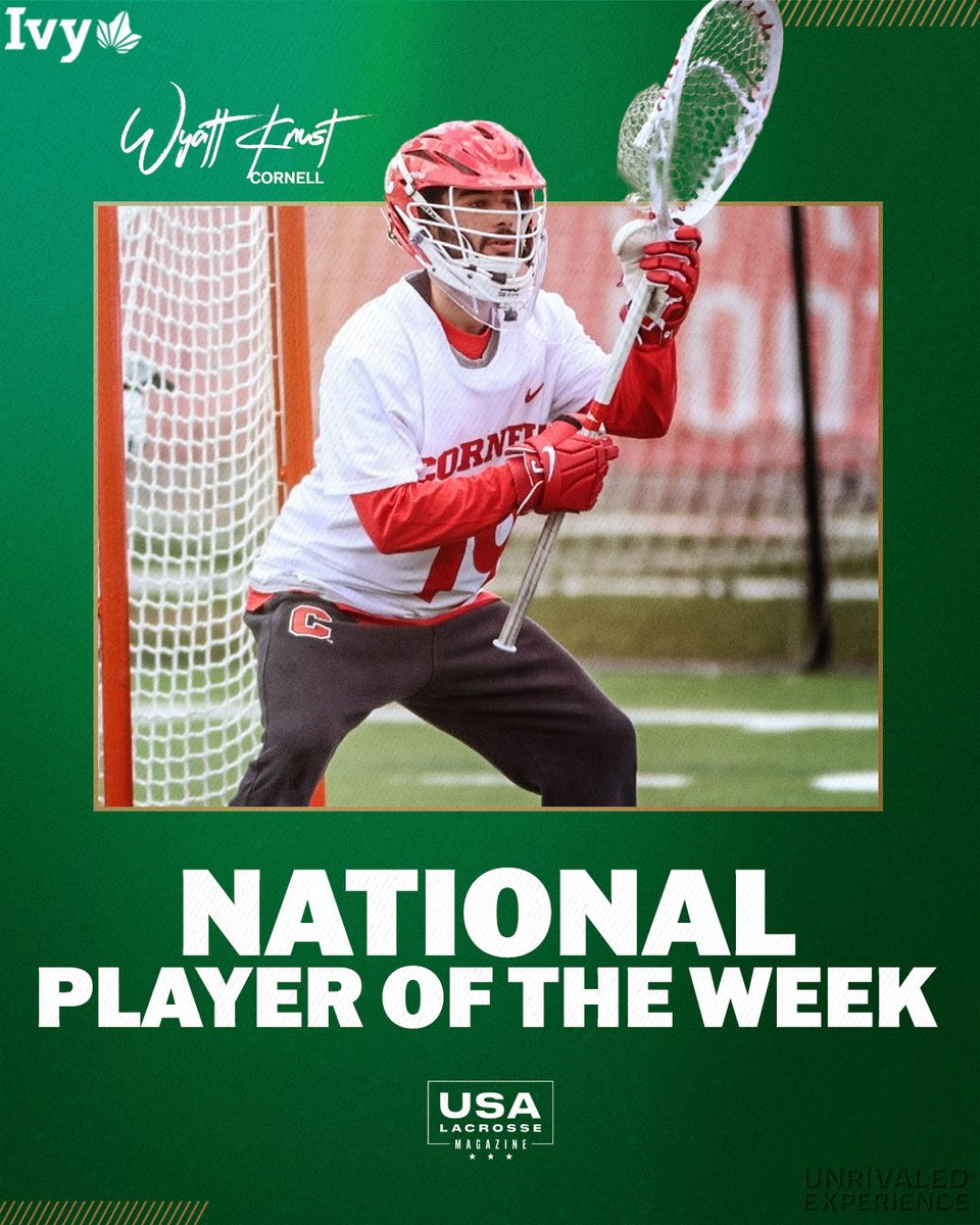 NOTHIN' BUT KNUST. @CornellLacrosse's Wyatt Knust is the @USALacrosseMag Division I Player of the Week. Knust made nine saves in Cornell's statement win over No. 4 Syracuse before following that massive performance up with a 24-save outing in Cornell's win Brown. 🌿🥍