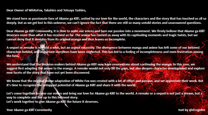 AkameGaKillFR's tweet photo. Attention, Akame ga Kill! Fans. The community will finally rise up and try to persuade the creators of Akame ga Kill! to make an anime remake + second season. Distribute the text attached below as a picture, post it, and comment all the creators of Akame ga Kill! on Twitter. https://t.co/vSmX7jDwL9