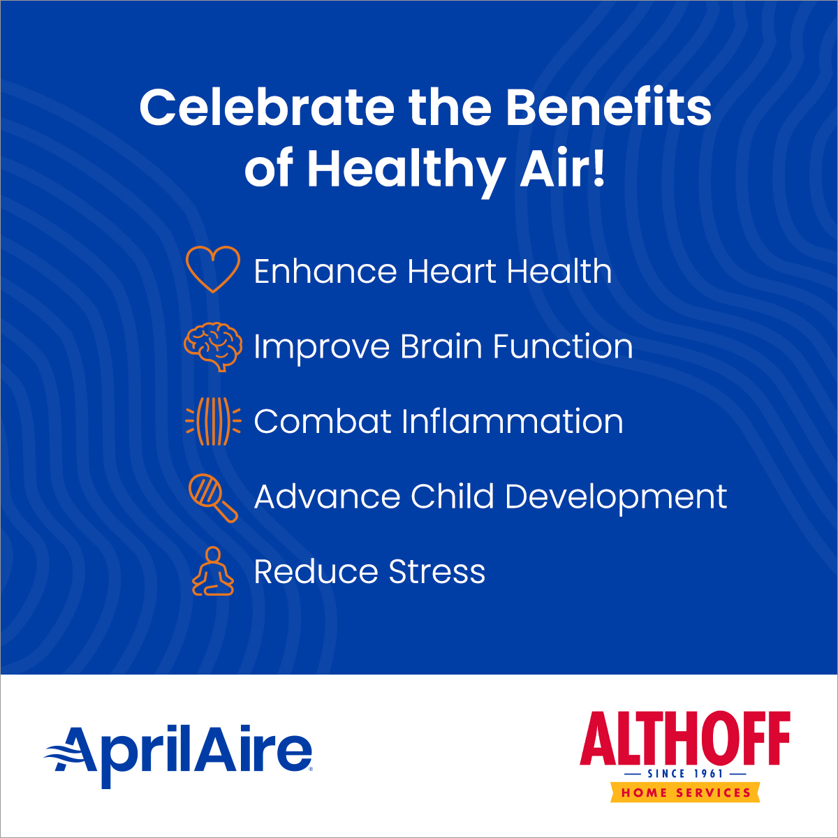 In honor of #HealthyAir, we're celebrating all the different ways that breathing Healthy Air can benefit you! With @AprilAire Healthy Air solutions, you can improve productivity, prevent illness, protect, and more!

#AprilAire #HandItOfftoAlthoff