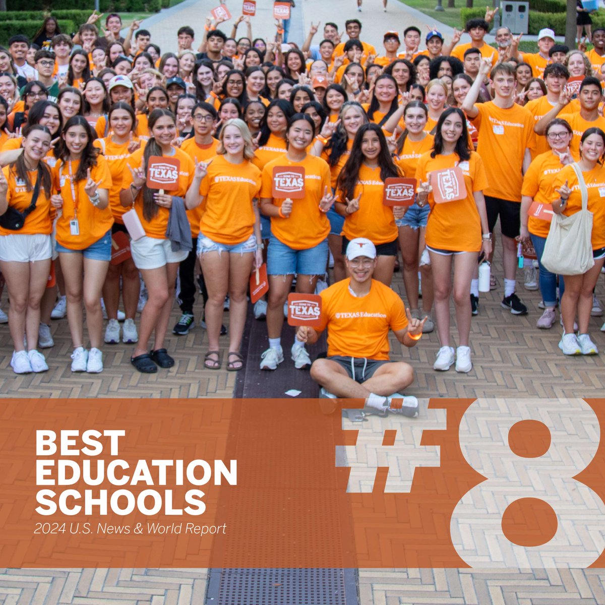 Put your #HornsUp🤘 COE soared up 8 spots to sit as the No. 8 Best Education School in the nation by @usnews! Overall, nine COE graduate programs are ranked in the top 20, and four are ranked in the top 10: bit.ly/49Dg4yI #LonghornProud #HookEm #WhatStartsHere