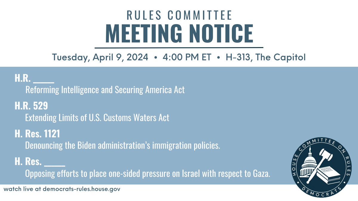 At 4:00 pm, the committee will consider: 📜H.R. 7888, FISA reauthorization bill 📜H.R. 529, Extending Limits of US Customs Waters Act 📜H. Res. 1112, denouncing the Biden's immigration policies 📜H. Res. __, Opposing Biden's ceasefire comments 📺: youtube.com/watch?v=r-p7MN…