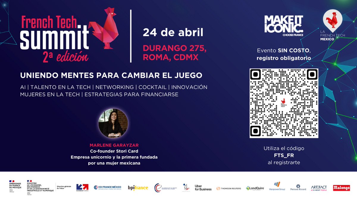 ¡Este 24 de abril, te invitamos a asistir al 2️⃣ndo French Tech Summit en México! Sólo requieres registrarte para disfrutar de paneles, pitches y encuentros con expertos y empresarios sobre #tech #startup #innovación #AI en el marco de una cita insoslayable del ecosistema 🇨🇵🇲🇽.