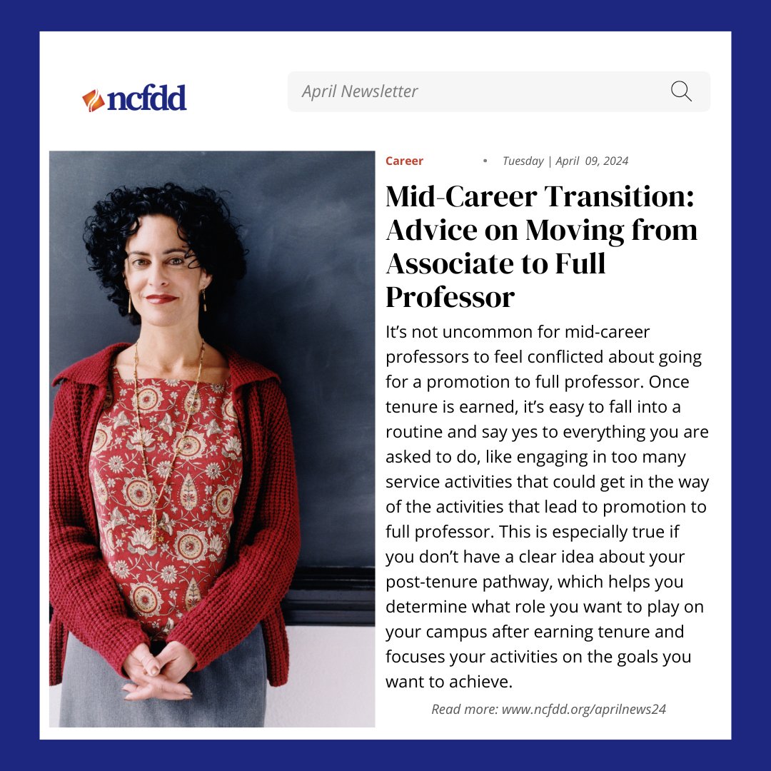 In the April Newsletter, we discuss how mid-career faculty may feel conflicted about pursuing promotion to full professor after earning tenure. Without a clear post-tenure path, it's easy to fall into a routine. Ready to reimagine your career? Read here: bit.ly/4cWkCmC