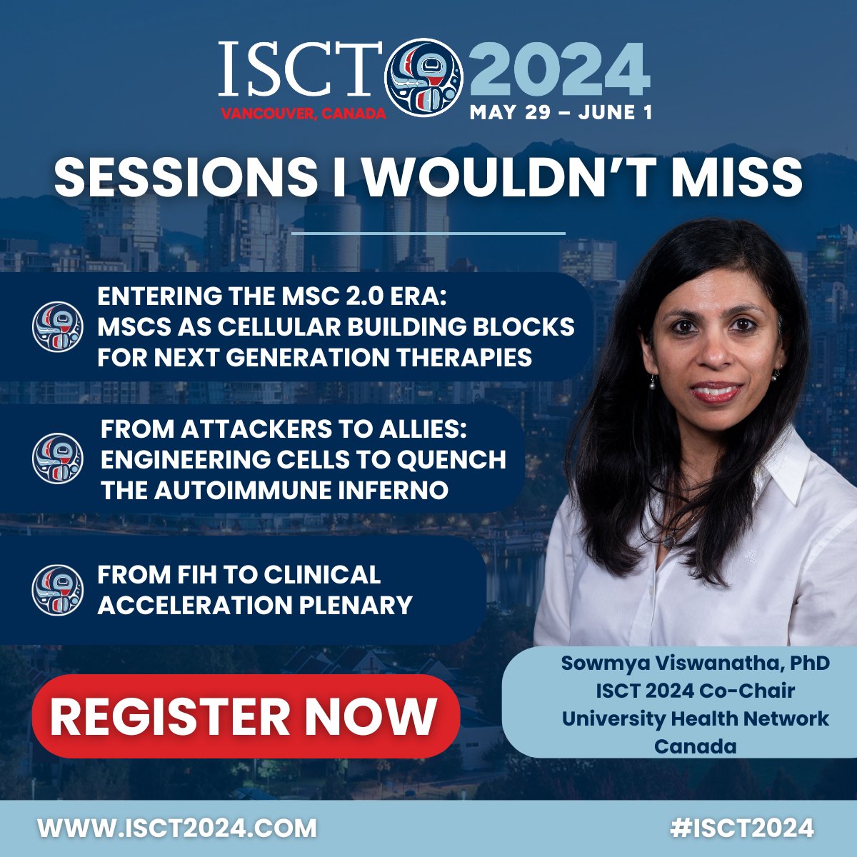 Join us at ISCT 2024 Vancouver and be a part of the cutting-edge discussions shaping the future of cell and gene therapy. Don't miss out on these must-attend sessions handpicked by meeting Co-Chair, Sowmya Viswanathan. Register Now: isctglobal.org/isct2024/regis… #ISCT2024