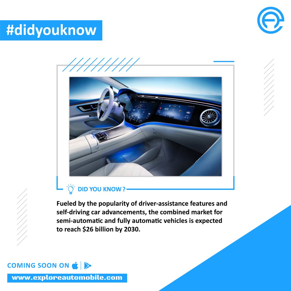Shifting gears is so last decade. The future of driving is hands-free and headed towards $26 billion by 2030! #SelfDrivingCars #AutonomousVehicles #FutureofMobility
.
.
Follow Now: @EneDrive 
.
Visit our website: exploreautomobile.com.
.
.
.
#didyouknow #funFact #drivingHistory