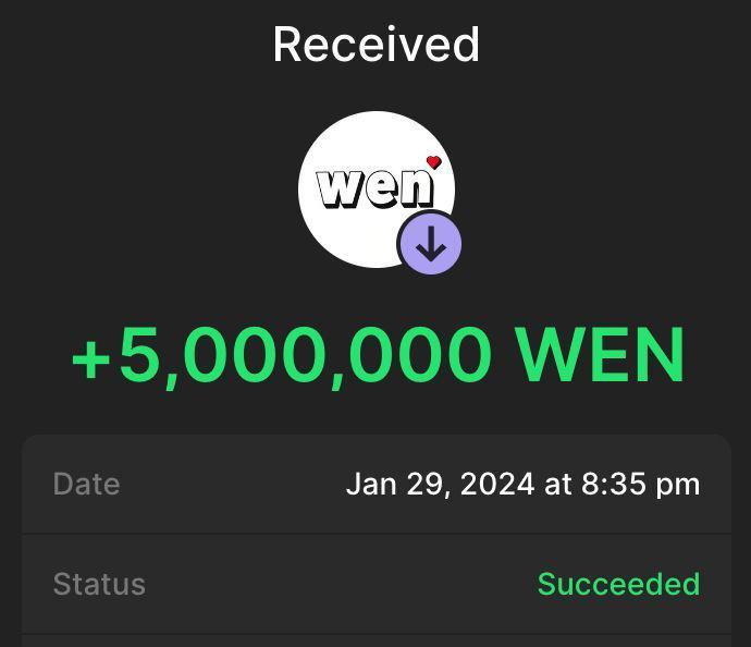 You’ll receive 5,000,000 $WEN ($500) 1,000,000 in $WEN each reward to the first 4900 people who follows and retweets and pinned tweet 📌 Drop your $SOL wallet address