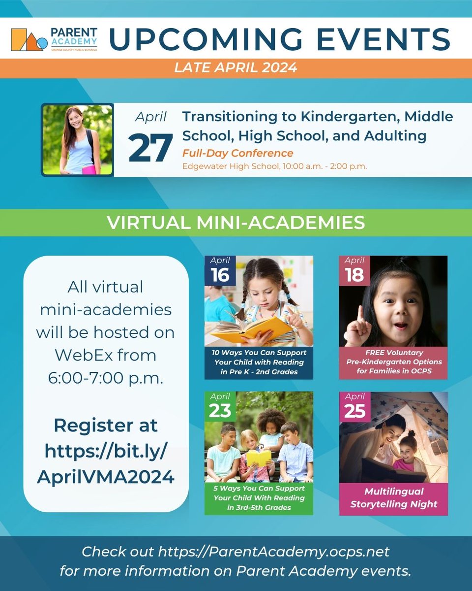 🚀Dive into a world of learning with our Virtual Mini-Academies! There's something for every parent to explore - and the best part? It's all FREE! Plus, mark your calendars for our FREE Parent Academy Full-Day Conference on April 27! Register at parentacademy.ocps.net!