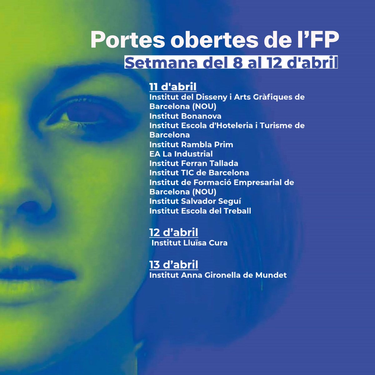 📣Portes obertes de l’FP 🙋‍♀️Durant el mes d'abril vine a conèixer de prop les propostes dels 31 centres professionalitzadors públics de Barcelona. 🔎Consulta el calendari! Per centres, estudis, sectors i nivellsℹ️fp.edubcn.cat/portes-obertes L'FP és el futur i pot ser el teu!
