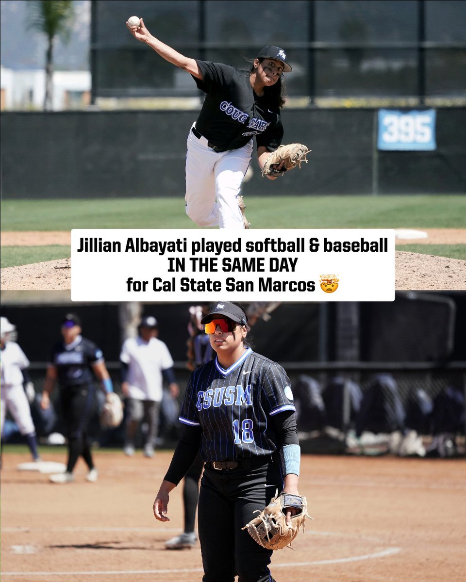 MLB's tweet photo. Shout out to Jillian Albayati for making Division II history over the weekend. 👏

She went 2-for-6 for Cal State San Marcos softball after taking the mound for the baseball team.

(📷: @CSUSMCougars) https://t.co/xlBkLvmJKB