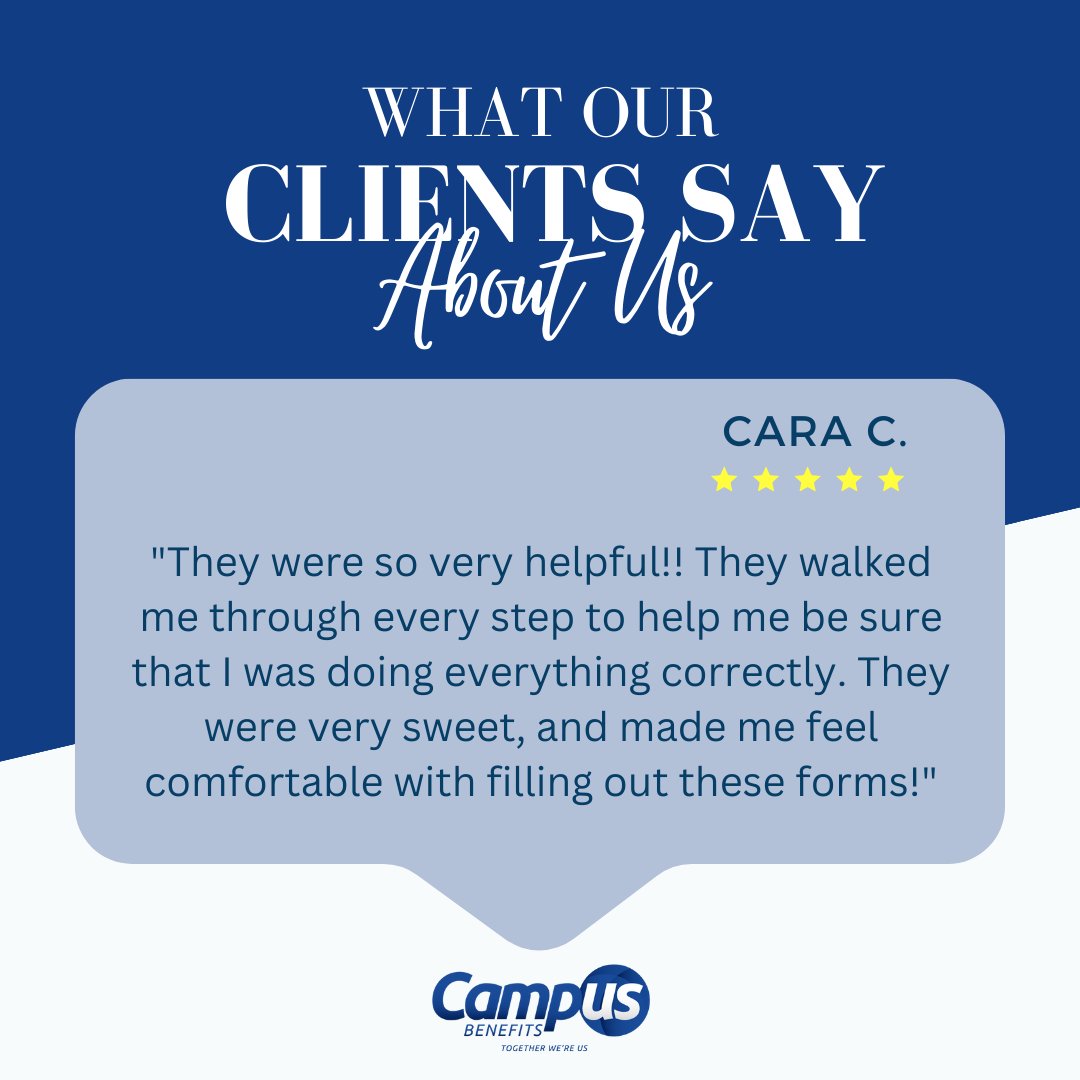 Our primary goal is customer satisfaction. We love to hear from our valued clients.

#testimonialtuesday #testimonial #campusbenefits #togetherwereus #insurance #employeebenefits #benefits #insurancebenefits #publicschoolsystem